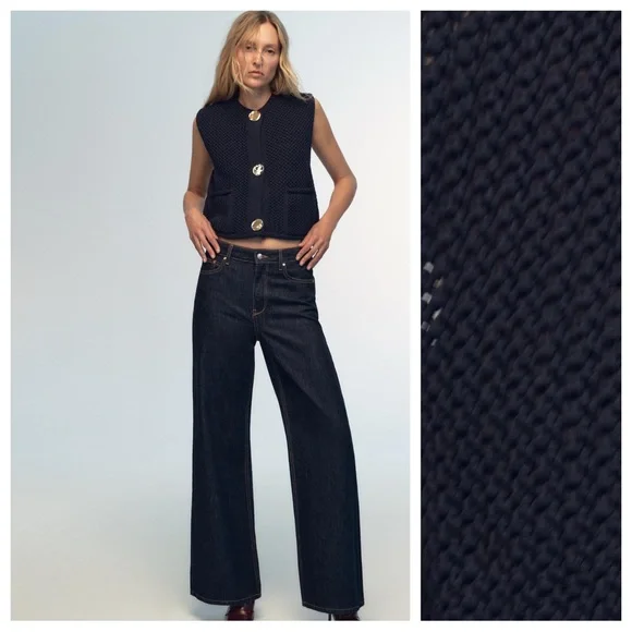 NWT. Zara Navy Blue Chunky Knit Round Neck Top. Size S. - Picture 2 of 7